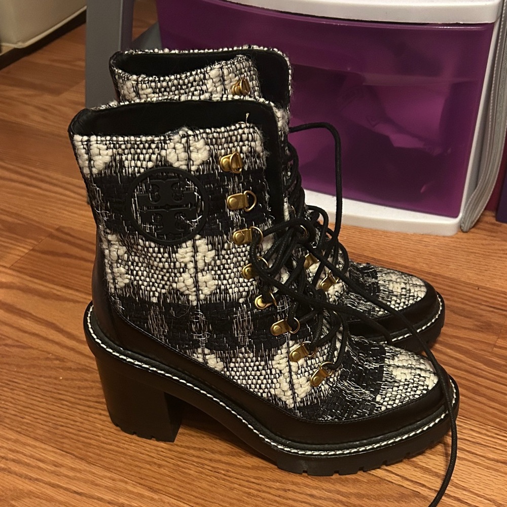 Tory Burch Black and White Lace Up Boots